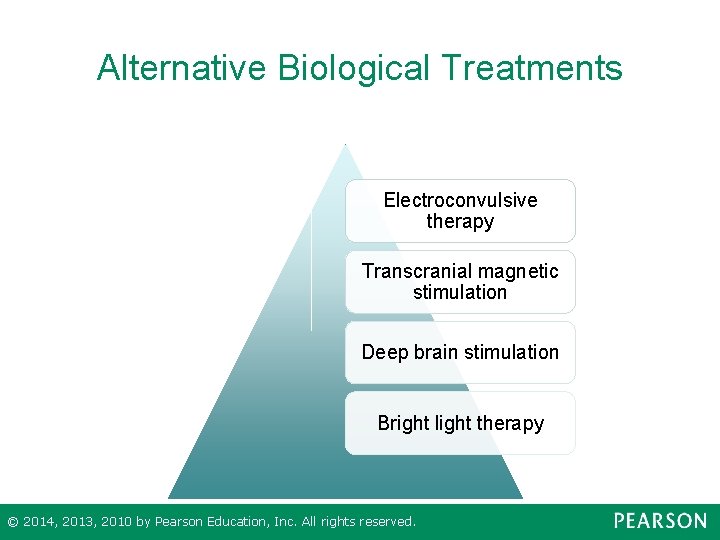 Alternative Biological Treatments Electroconvulsive therapy Transcranial magnetic stimulation Deep brain stimulation Bright light therapy