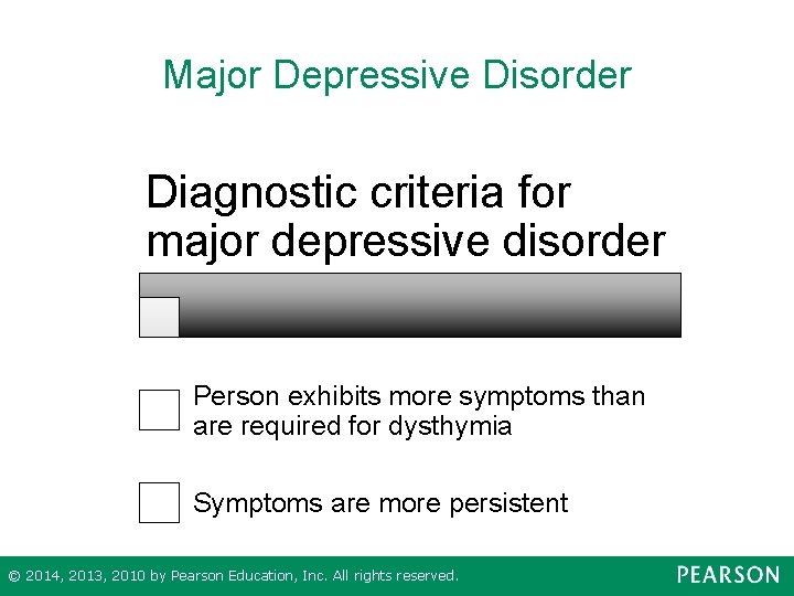 Major Depressive Disorder Diagnostic criteria for major depressive disorder Person exhibits more symptoms than