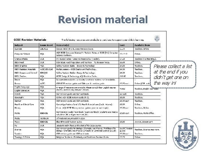 Revision material Please collect a list at the end if you didn’t get one