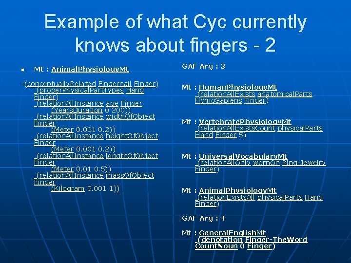 Example of what Cyc currently knows about fingers - 2 n Mt : Animal.