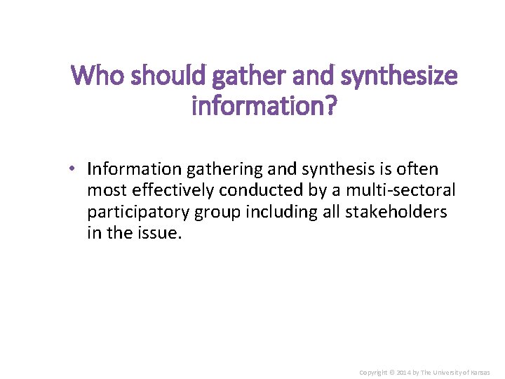 Who should gather and synthesize information? • Information gathering and synthesis is often most