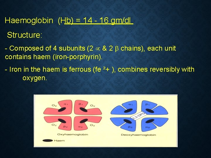 Haemoglobin (Hb) = 14 - 16 gm/dl Structure: - Composed of 4 subunits (2 Haemoglobin (Hb) = 14 - 16 gm/dl Structure: - Composed of 4 subunits (2