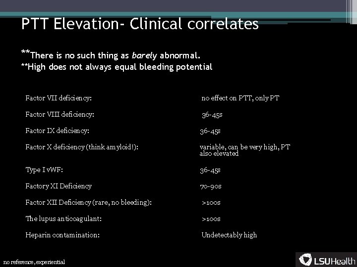 PTT Elevation- Clinical correlates **There is no such thing as barely abnormal. **High does