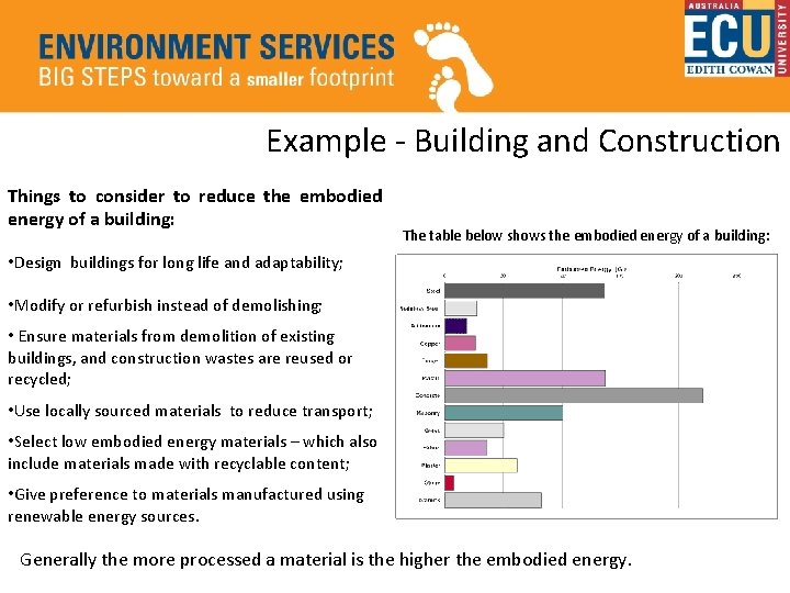 Example - Building and Construction Things to consider to reduce the embodied energy of