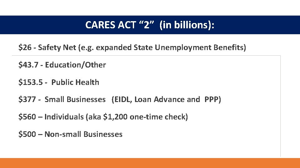 CARES ACT “ 2” (in billions): $26 ‐ Safety Net (e. g. expanded State