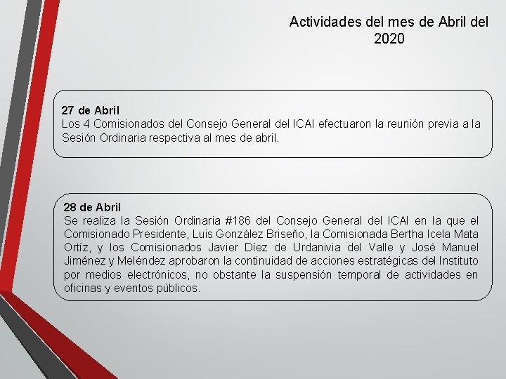 Actividades del mes de Abril del 2020 27 de Abril Los 4 Comisionados del