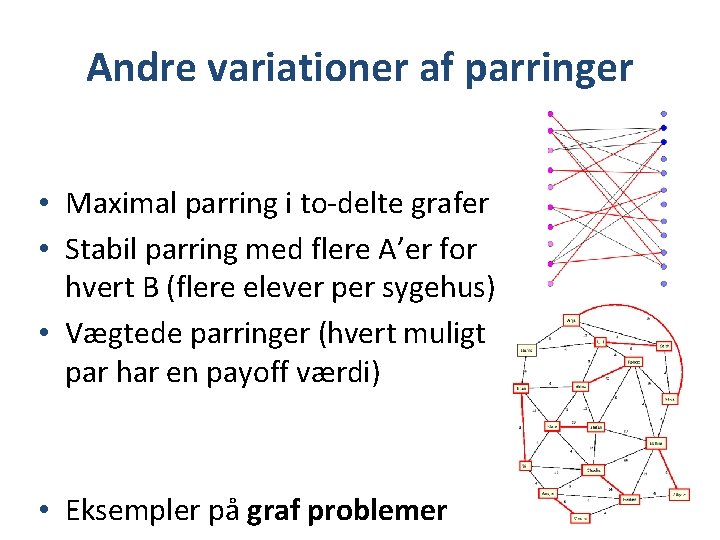 Andre variationer af parringer • Maximal parring i to-delte grafer • Stabil parring med