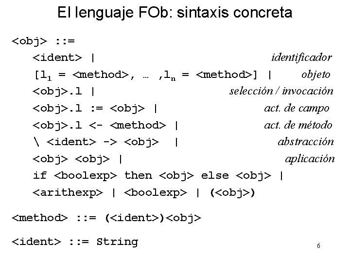 El lenguaje FOb: sintaxis concreta <obj> : : = <ident> | identificador [l 1