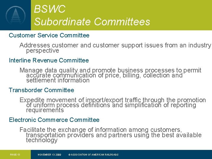 BSWC Subordinate Committees Customer Service Committee Addresses customer and customer support issues from an