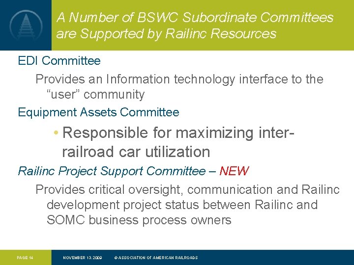 A Number of BSWC Subordinate Committees are Supported by Railinc Resources EDI Committee Provides