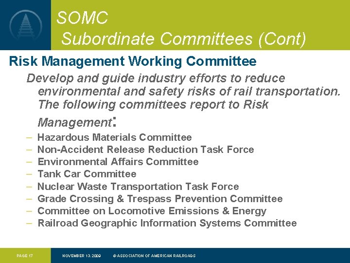 SOMC Subordinate Committees (Cont) Risk Management Working Committee Develop and guide industry efforts to