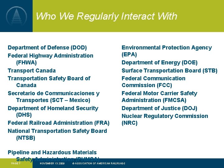 Who We Regularly Interact With Department of Defense (DOD) Federal Highway Administration (FHWA) Transport