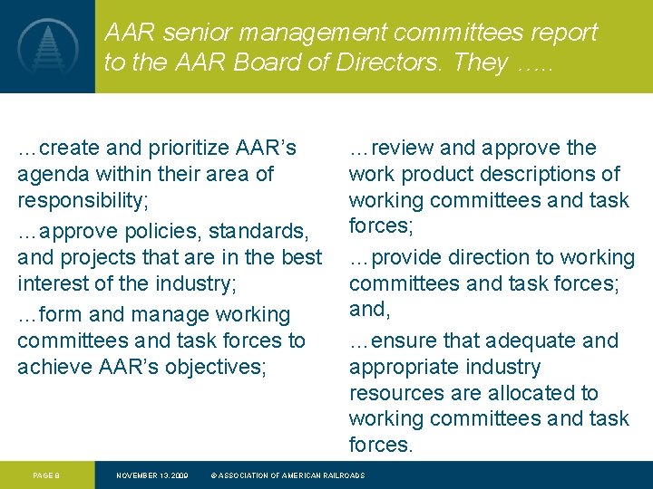 AAR senior management committees report to the AAR Board of Directors. They …. .