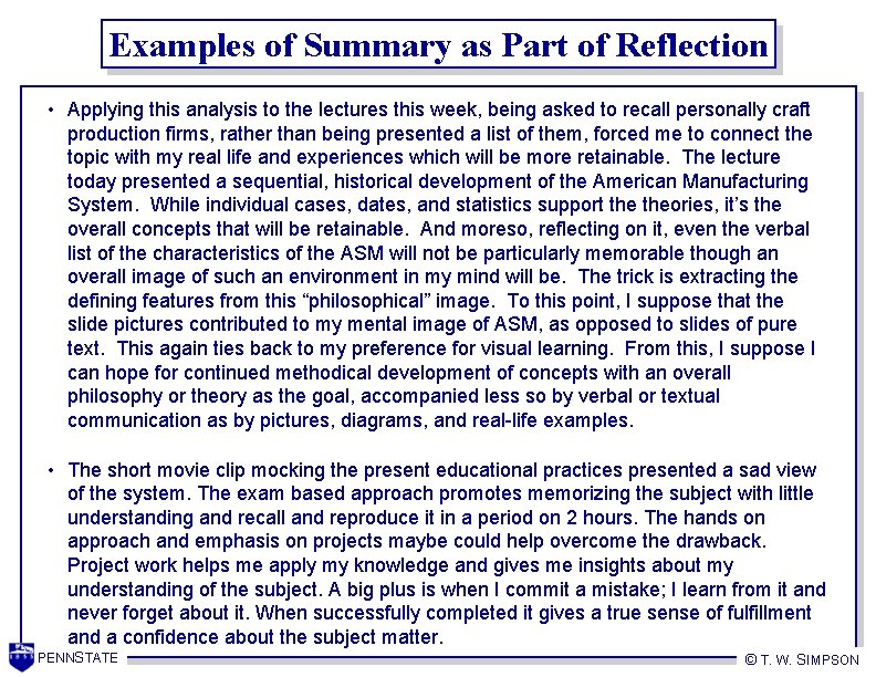 Examples of Summary as Part of Reflection • Applying this analysis to the lectures