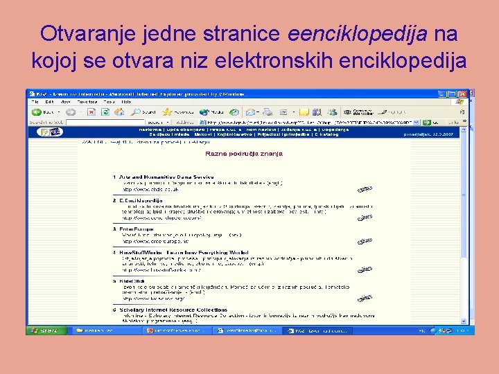 Otvaranje jedne stranice eenciklopedija na kojoj se otvara niz elektronskih enciklopedija 