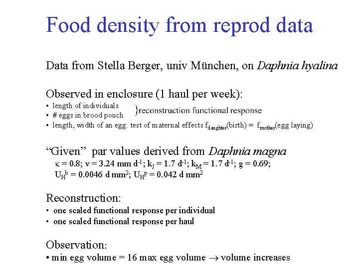 Food density from reprod data Data from Stella Berger, univ München, on Daphnia hyalina