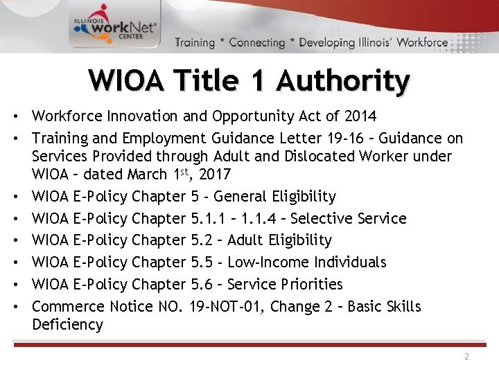 WIOA Title 1 Authority • Workforce Innovation and Opportunity Act of 2014 • Training