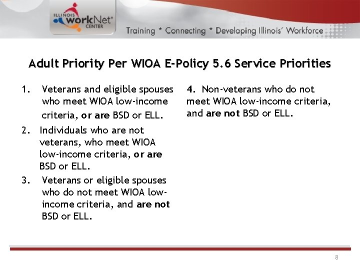 Adult Priority Per WIOA E-Policy 5. 6 Service Priorities 1. Veterans and eligible spouses