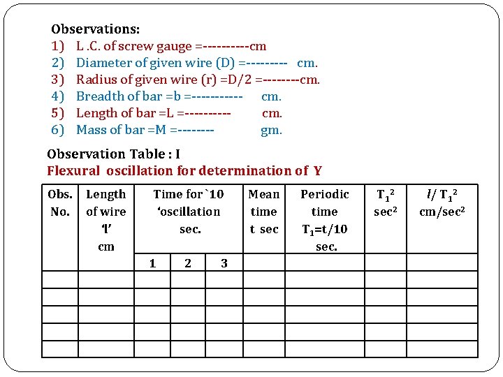 Observations: 1) L. C. of screw gauge =-----cm 2) Diameter of given wire (D)