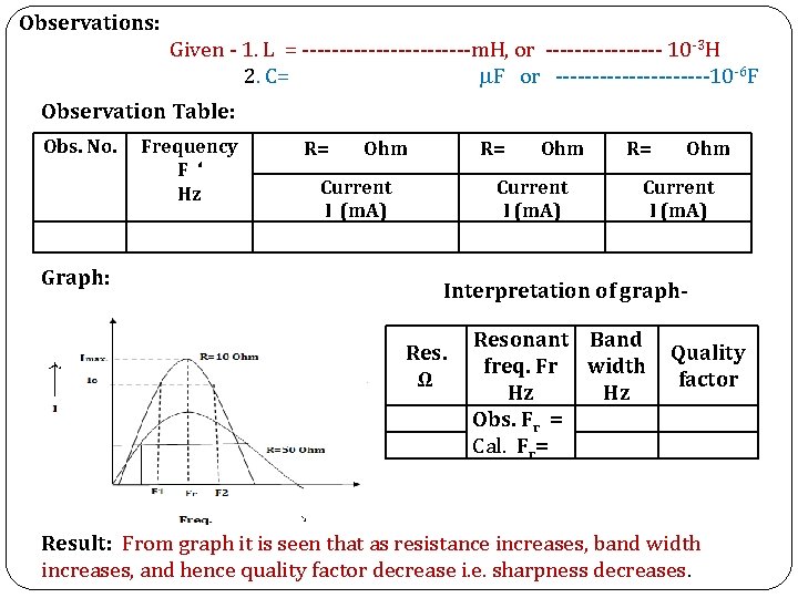Observations: Given - 1. L = ------------m. H, or -------- 10 -3 H 2.