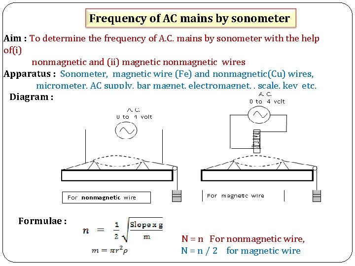 Frequency of AC mains by sonometer Aim : To determine the frequency of A.