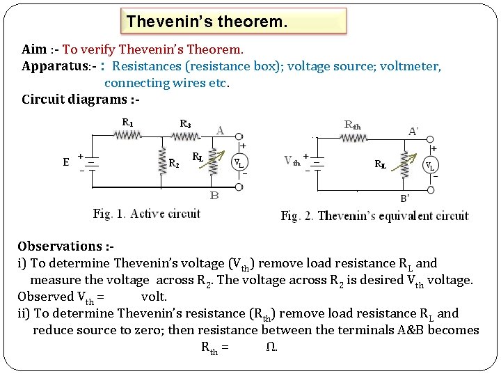 Thevenin’s theorem. Aim : - To verify Thevenin’s Theorem. Apparatus: - : Resistances (resistance