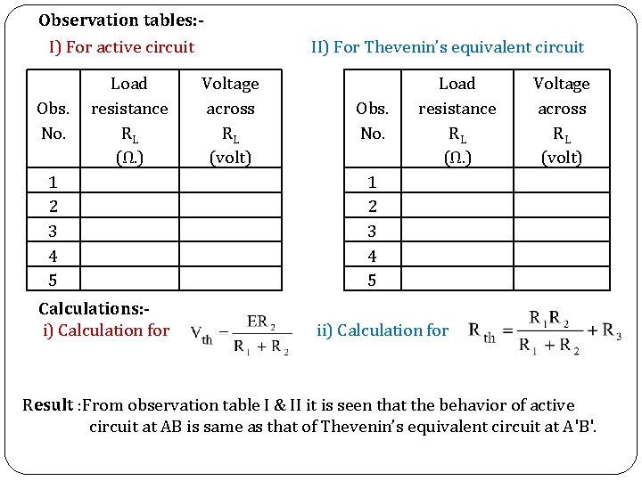 Observation tables: I) For active circuit Obs. No. Load resistance RL (Ω. ) 1