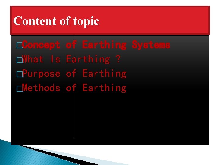 Content of topic �Concept �What Is �Purpose �Methods of Earthing Systems Earthing ? of