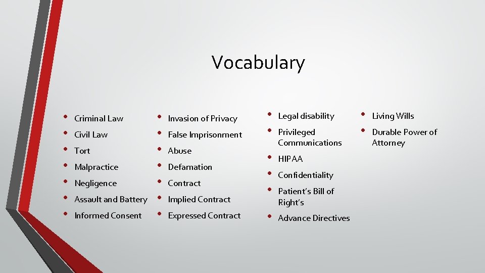 Vocabulary • • Criminal Law Civil Law Tort Malpractice Negligence Assault and Battery Informed