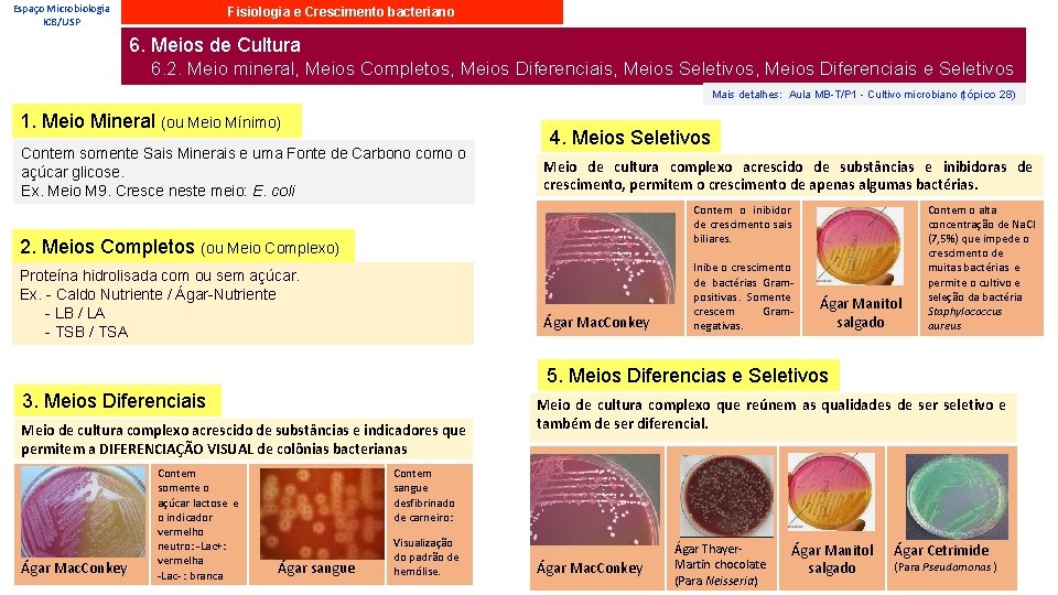 Espaço Microbiologia ICB/USP Fisiologia e Crescimento bacteriano 6. Meios de Cultura 6. 2. Meio