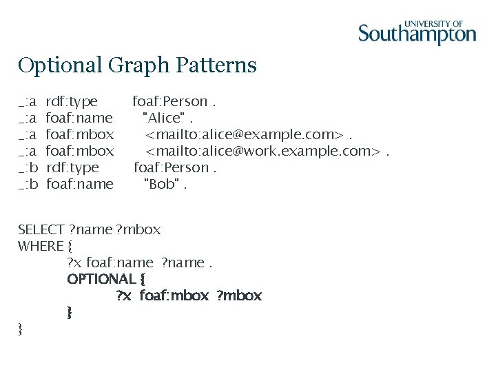 Optional Graph Patterns _: a _: b rdf: type foaf: name foaf: mbox rdf: