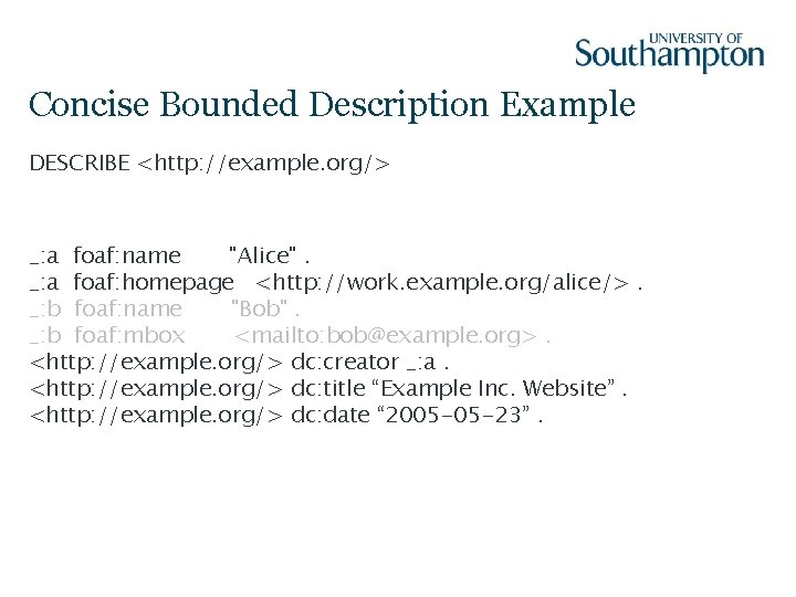 Concise Bounded Description Example DESCRIBE <http: //example. org/> _: a foaf: name "Alice". _: