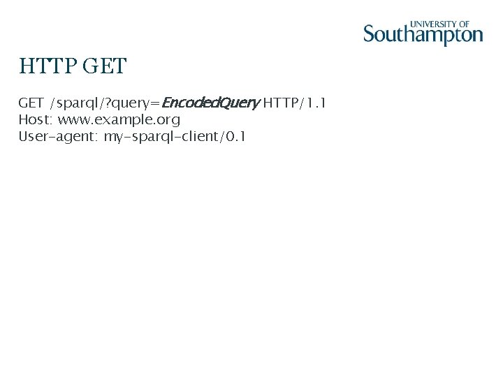 HTTP GET /sparql/? query=Encoded. Query HTTP/1. 1 Host: www. example. org User-agent: my-sparql-client/0. 1