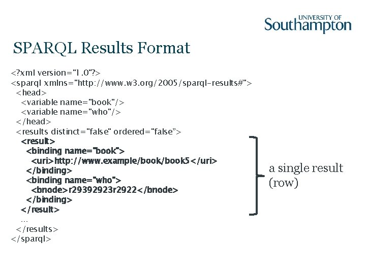 SPARQL Results Format <? xml version="1. 0"? > <sparql xmlns="http: //www. w 3. org/2005/sparql-results#">