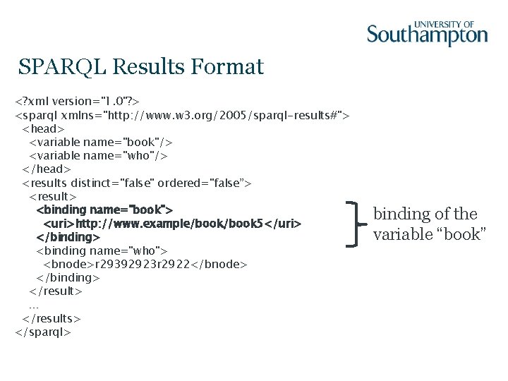 SPARQL Results Format <? xml version="1. 0"? > <sparql xmlns="http: //www. w 3. org/2005/sparql-results#">