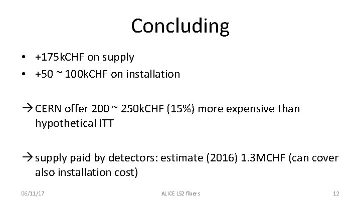 Concluding • +175 k. CHF on supply • +50 ~ 100 k. CHF on