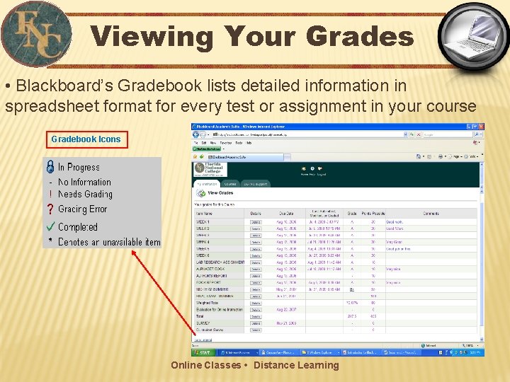 Viewing Your Grades • Blackboard’s Gradebook lists detailed information in spreadsheet format for every