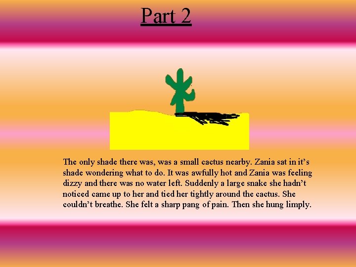 Part 2 The only shade there was, was a small cactus nearby. Zania sat