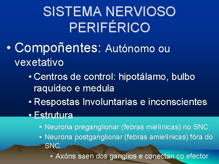 SISTEMA NERVIOSO PERIFÉRICO • Compoñentes: Autónomo ou vexetativo • Centros de control: hipotálamo, bulbo