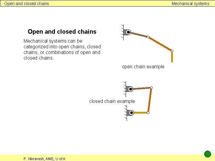 Open and closed chains Mechanical systems can be categorized into open chains, closed chains,
