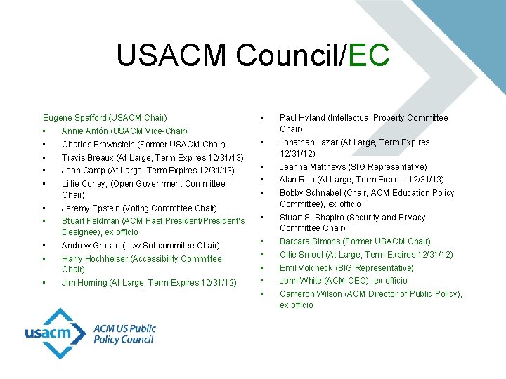 USACM Council/EC Eugene Spafford (USACM Chair) • • • Annie Antón (USACM Vice-Chair) •