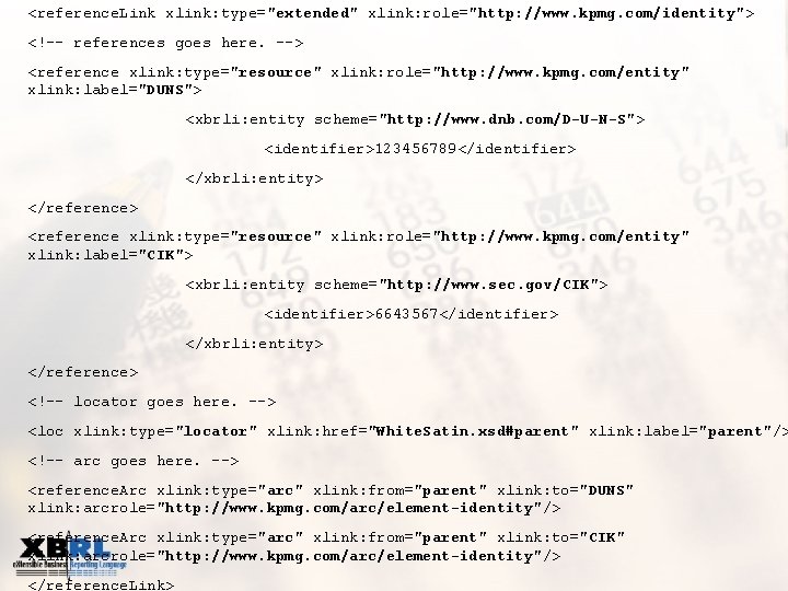 <reference. Link xlink: type="extended" xlink: role="http: //www. kpmg. com/identity"> <!-- references goes here. -->