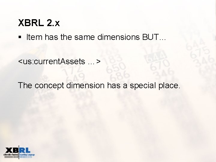 XBRL 2. x § Item has the same dimensions BUT… <us: current. Assets …>