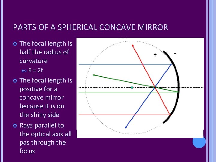 PARTS OF A SPHERICAL CONCAVE MIRROR The focal length is half the radius of