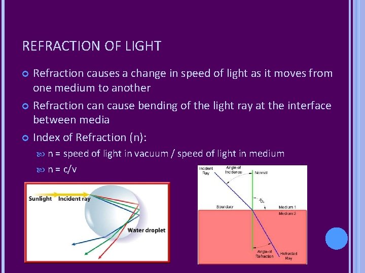 REFRACTION OF LIGHT Refraction causes a change in speed of light as it moves