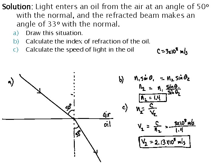 Solution: Light enters an oil from the air at an angle of 50 o