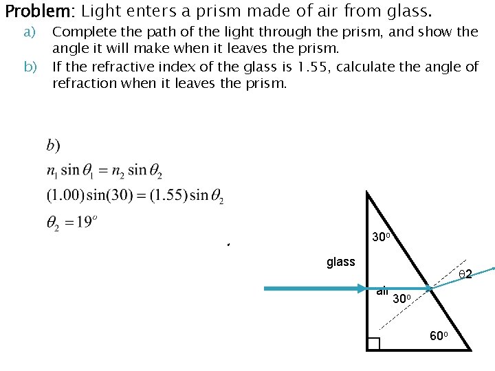 Problem: Light enters a prism made of air from glass. a) b) Complete the