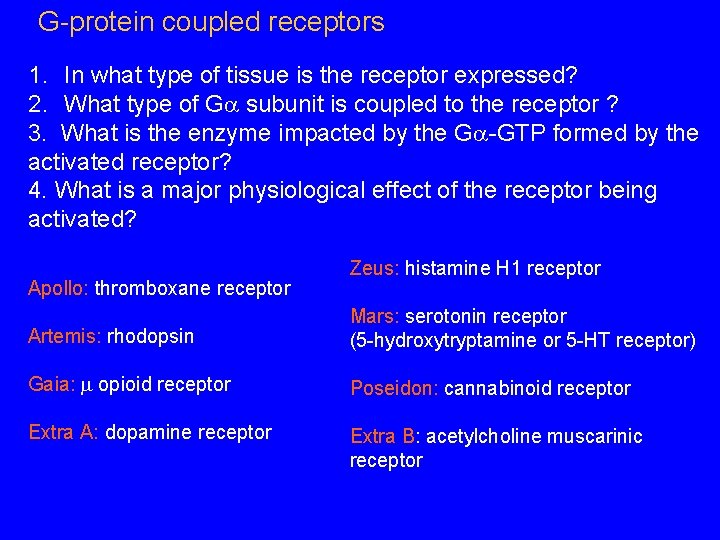 G-protein coupled receptors 1. In what type of tissue is the receptor expressed? 2.