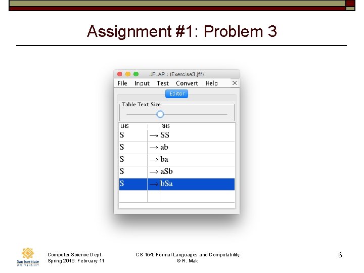 Assignment #1: Problem 3 Computer Science Dept. Spring 2016: February 11 CS 154: Formal