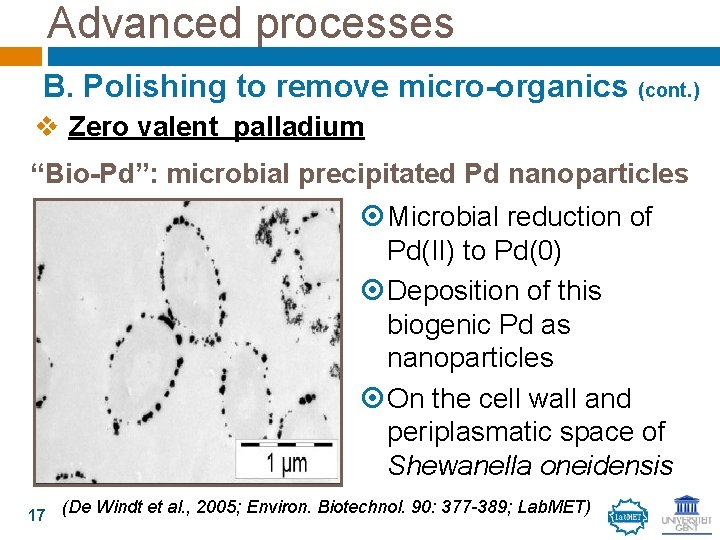 Advanced processes B. Polishing to remove micro-organics (cont. ) v Zero valent palladium “Bio-Pd”: